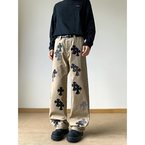 美式复古卡其棋盘格十字架贴布牛仔裤女2025春夏新款高腰显瘦长裤图片