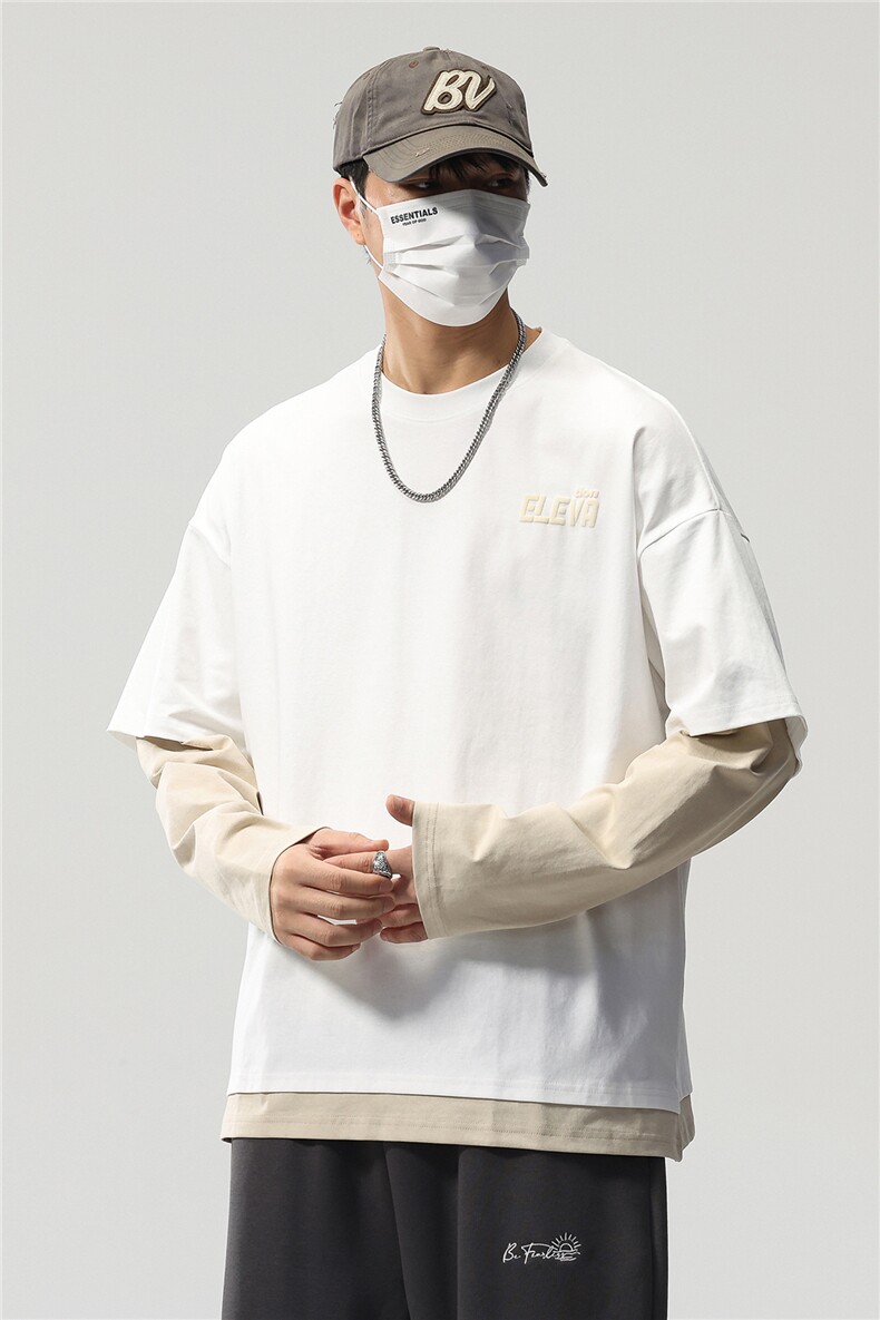 长袖t恤男春秋美式高街潮牌圆领春季宽松假两件卫衣8083-P46控89,男装T恤,电商D215