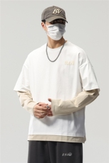 长袖t恤男春秋美式高街潮牌圆领春季宽松假两件卫衣8083-P46控89，男装T恤，电商D215