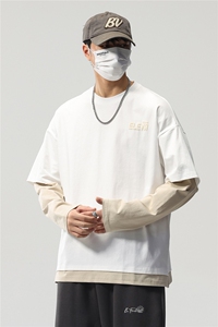 长袖t恤男春秋美式高街潮牌圆领春季宽松假两件卫衣8083-P46控89图片