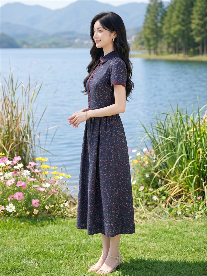 田园风斜领碎花刺绣连衣裙女春夏收腰显瘦中长裙,女装连衣裙,水衣源