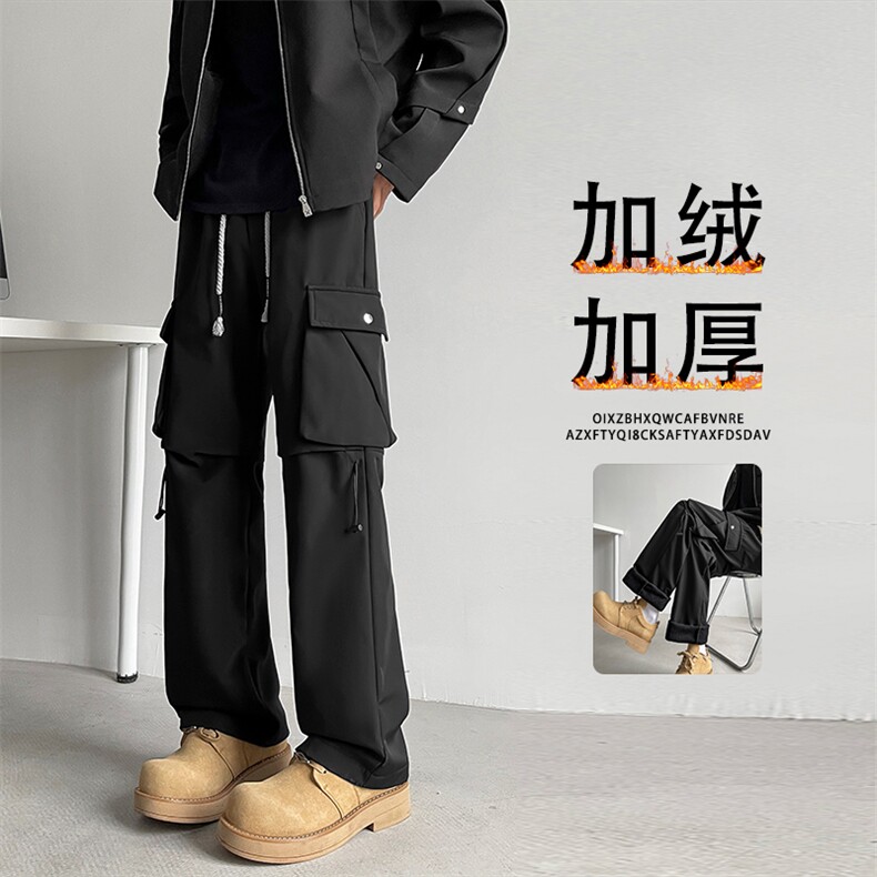 黑色机能工装裤子加绒潮牌宽松直筒阔腿休闲长裤JRK720特批43,男装工装外套,星座718-1