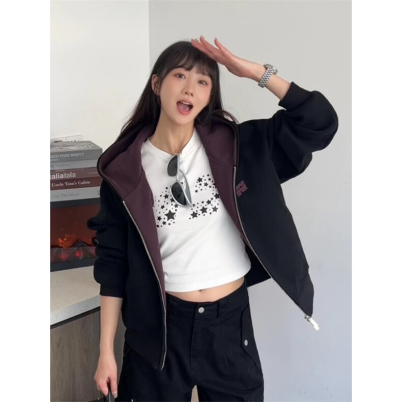 美式覆古双拉炼撞色连帽卫衣开衫外套秋季男女款时尚百搭长袖上衣,女装短外套,星座506A