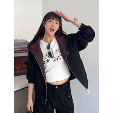 美式覆古双拉炼撞色连帽卫衣开衫外套秋季男女款时尚百搭长袖上衣，女装短外套，星座506A