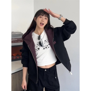 美式覆古双拉炼撞色连帽卫衣开衫外套秋季男女款时尚百搭长袖上衣图片