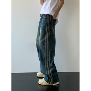 三条杠织带复古牛仔裤男欧美hiphop炸街裤子潮小众水洗休闲直筒裤图片