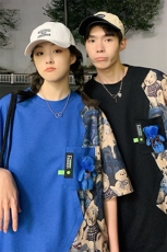 2025夏季新款港风情侣大码华夫格拼接短袖M-5XHT22226-特P25，男装T恤，电商A022
