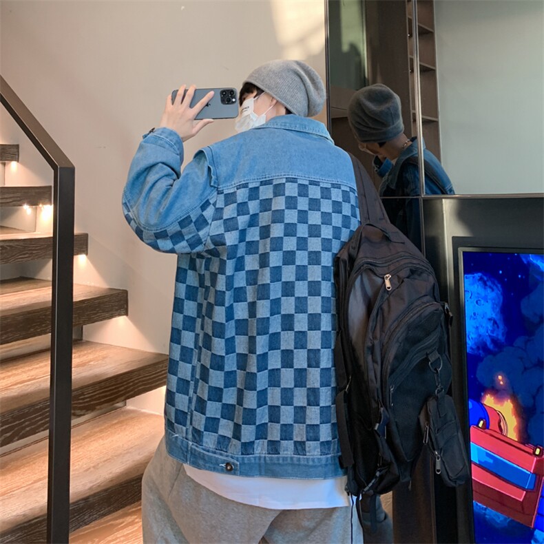 春秋中性棋盘格拼接牛仔外套情侣新款休闲宽松牛仔衣潮JK0217-P60,男装夹克,星座308B-1