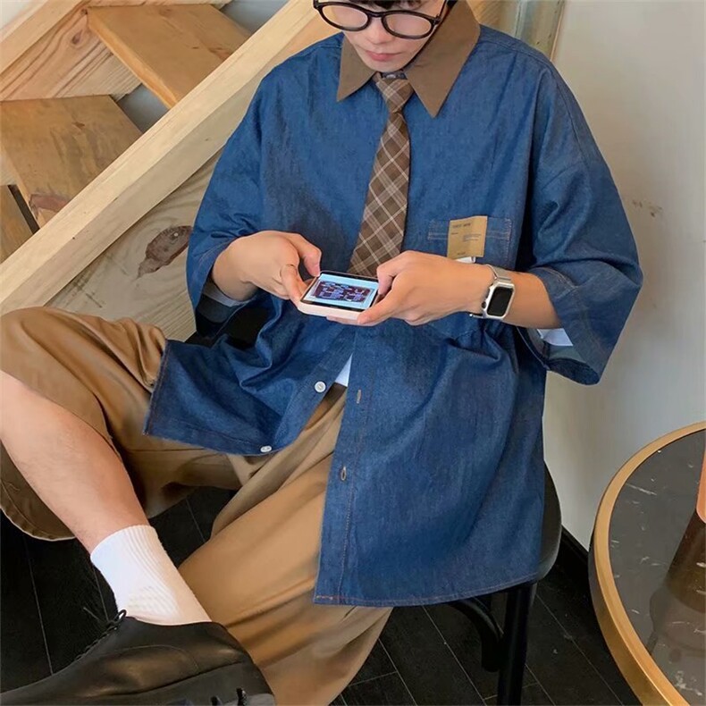 复古牛仔翻领短袖衬衫男女2024夏季新款宽松百搭设计感衬衣~C160,男装衬衫,星座601-2