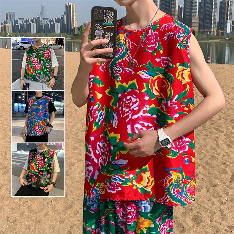 夏季大码东北大花布男背心坎肩运动马甲男装风民族牡丹花MJ01图片