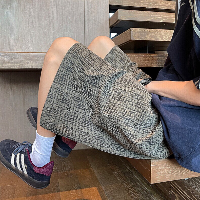 灯芯绒格子格纹花短裤男夏季痞帅高街直筒阔腿宽松休闲潮牌五分裤，男装休闲裤，电商A022