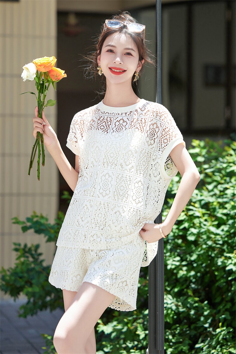 2024夏装新款时尚潮流简约气质镂空蕾丝短裤两件套套装,女装套装/套裙,仟媚宠