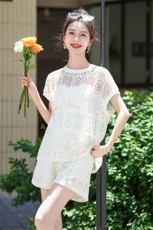 2024夏装新款时尚潮流简约气质镂空蕾丝短裤两件套套装，女装套装/套裙，仟媚宠