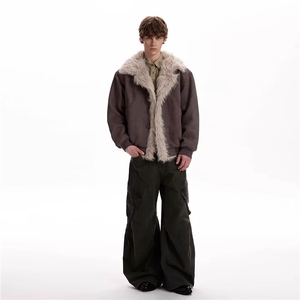 麂皮绒长毛绒座山雕棉服男2025冬季潮牌做旧复古短款工装棉衣外套图片