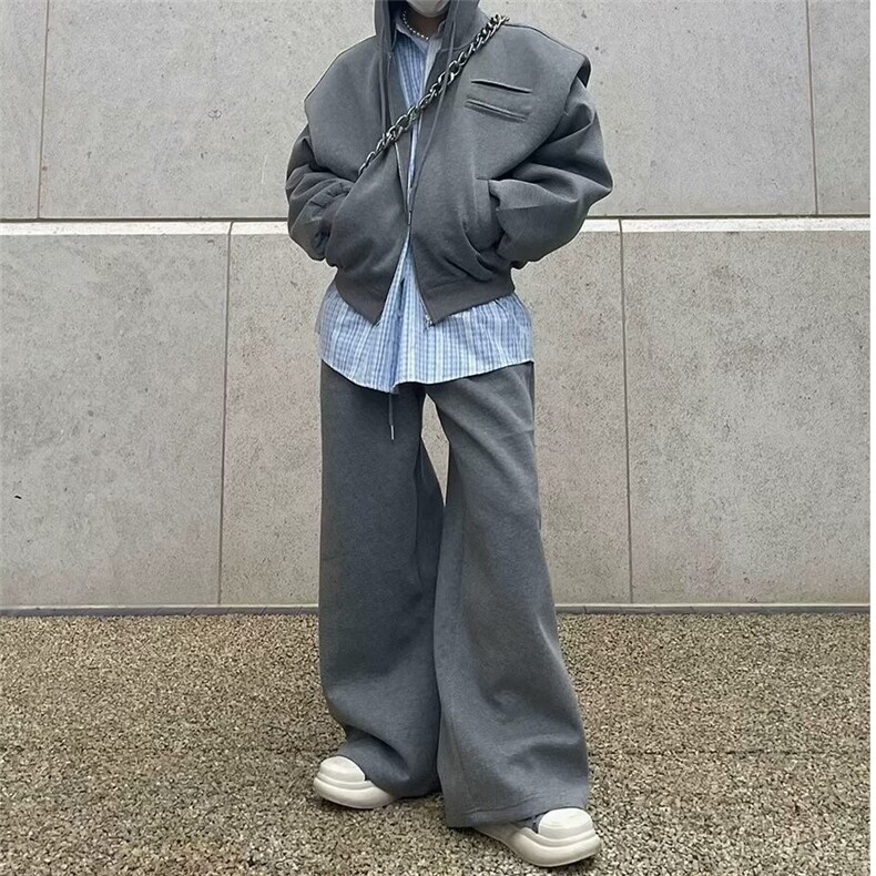 Q128-P42拾壹重磅灰色休闲卫裤男秋季日系复古直筒宽松阔腿裤,男装休闲裤,电商B323A