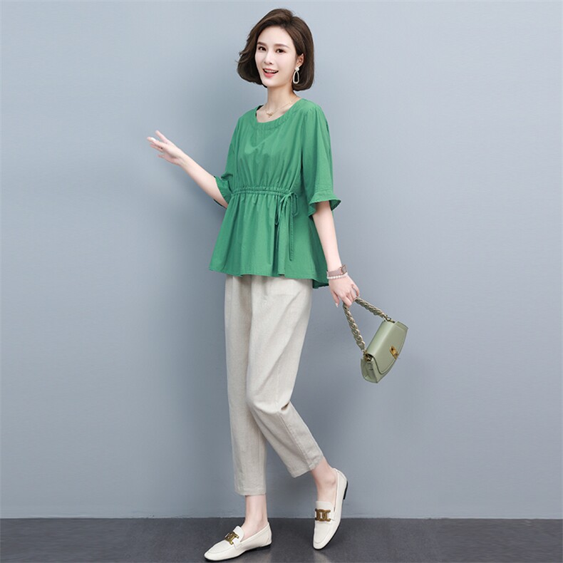 妈妈夏装套装短袖2025年新款时尚洋气棉麻中年女装气质休闲两件套,女装套装/套裙,涵誉