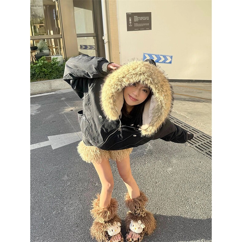 现货重磅boxy短款棉衣座山雕大毛毛领男女棉服水洗工装厚外套,男装棉衣,电商A486