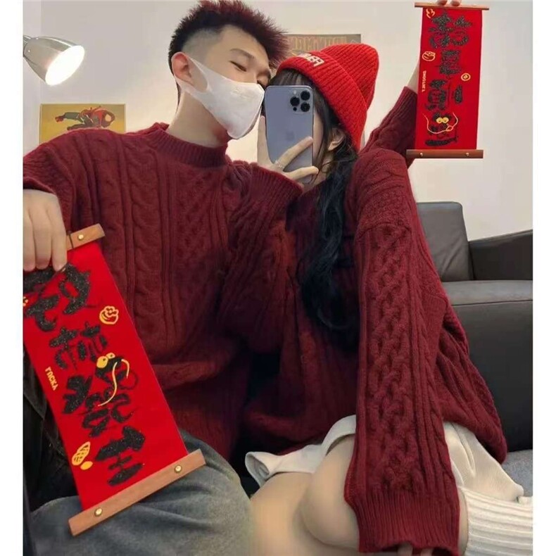 悟空有货复古麻花设计感红色圆领毛衣男秋冬宽松情侣装打底针织衫,男装T恤,星座1210-1