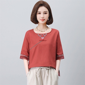 长期有货时尚休闲女2026新款韩版夏季短袖宽松棉麻苎麻复古风洋气，女装衬衫，璐依舞