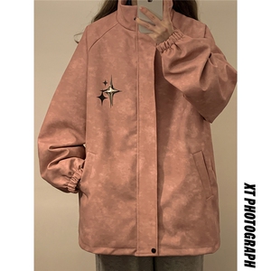 中性风PU皮复古做旧可拆卸四芒星胸针大码M-5XL夹克男JK77757P90图片