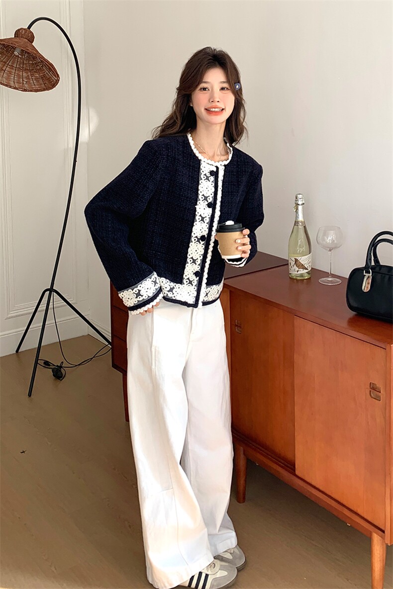 深蓝色小香风蕾丝拼接短外套女2025春季小个子名媛气质高级感上衣,女装短外套,2C169