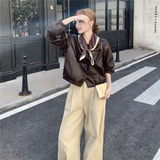 棕色复古美拉德短款皮衣外套女2025秋小个子又酷又飒圆领PU皮夹克，女装皮衣，慧尚2-185