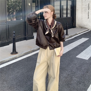 棕色复古美拉德短款皮衣外套女2025秋小个子又酷又飒圆领PU皮夹克图片