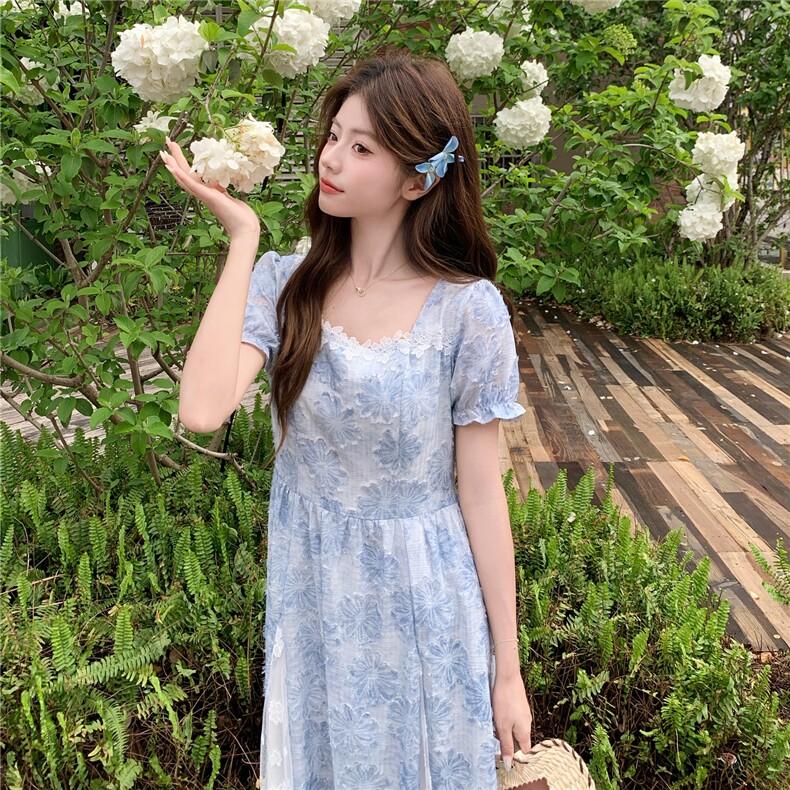 法式蓝色花朵短袖连衣裙女夏季新款方领收腰长裙甜美建立气质裙子,女装连衣裙,艾米莉亚