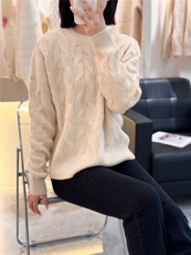 羊绒衫女圆领丝绒绞花内搭毛衣百搭针织打底上衣，女装羊绒衫，大千羊绒