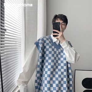 港风秋款男V领背心条纹棋盘格针织衫拼色线衣M537 P33图片