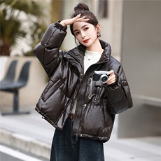 冬季抗风蛋白PU皮立领羽绒服外套加厚保暖2025新品白鸭绒面包服女，女装羽绒服，意芙