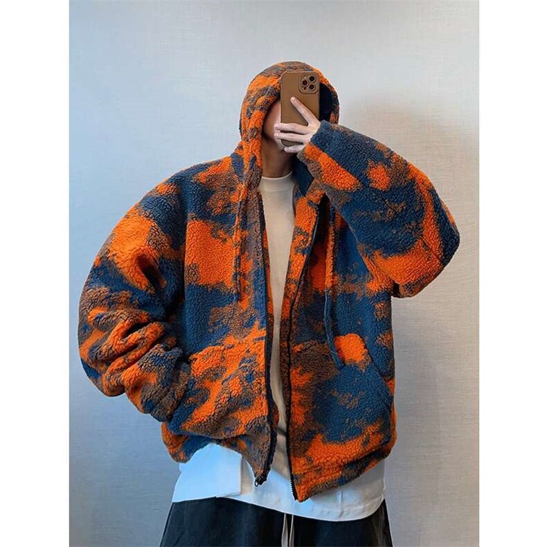 1506-1/M8161/P69男装复古痞帅橙色火烧云连帽羊羔毛保暖厚外套,男装棉衣,星座1506-1