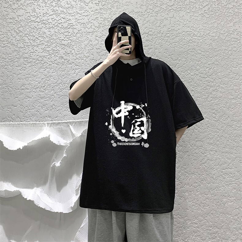 LD54134-P45连帽短袖t恤男大码胖子带帽五分袖中袖大皂风,男装T恤,电商A040