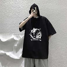 LD54134-P45连帽短袖t恤男大码胖子带帽五分袖中袖大皂风，男装T恤，电商A040