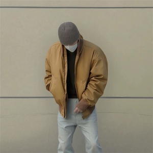 抖音得物 美式潮休闲夹克春季立领纯色复古工装加厚棉服外套MF01图片