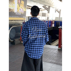 美式高街设计感格纹珍珠刺绣长袖衬衫男女百搭慵懒衬衣L70166-P46，男装衬衫，星座1008