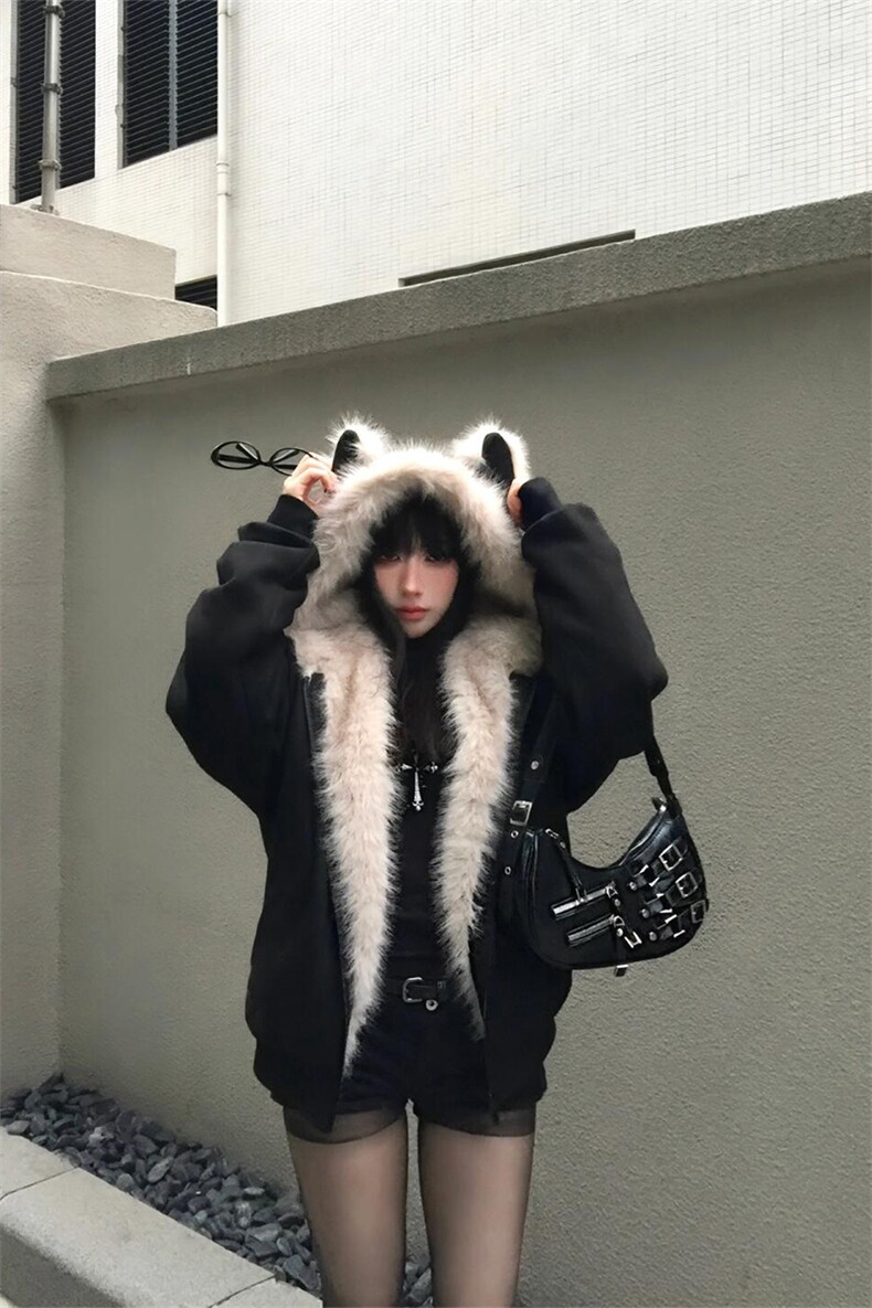 美式复古麂皮毛领座山雕外套女冬季新款设计感猫耳朵夹棉加厚棉衣,男装棉衣,电商A102
