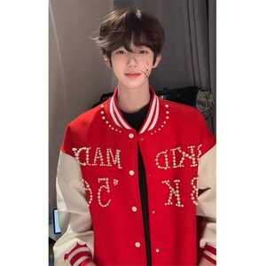 美式珍珠刺绣拼接撞色棒球服外套男女春季情侣休闲宽松夹克JKT77