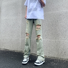 现货夏季修身vibe美式高街破洞黄泥染拉链牛仔裤男K822-K823-P55，男装牛仔裤，星座205