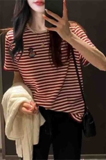 夏季新款时尚气质刺绣条纹短袖女修身显瘦百搭休闲上衣，女装针织衫/毛衣，萱芳婷羊绒