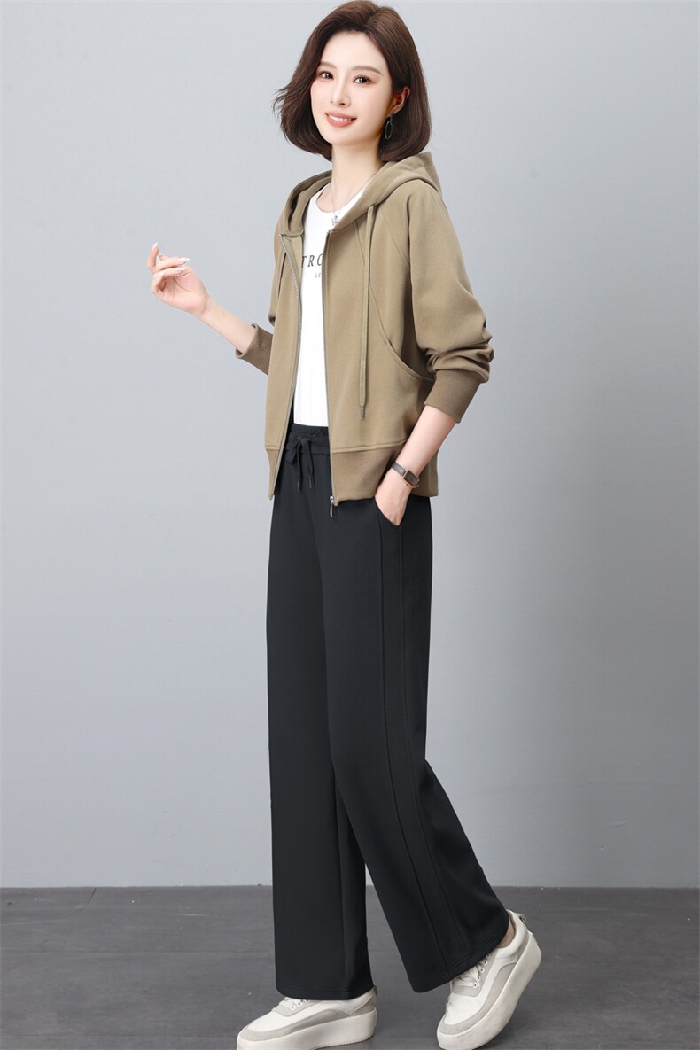 春秋新款时尚两件套装女休闲宽松连帽卫衣开衫直筒裤中老年妈妈装,女装套装/套裙,璐依舞