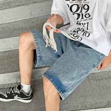 美式复古做旧直筒牛仔短裤男潮牌宽松阔腿休闲五分裤ND01P35图片