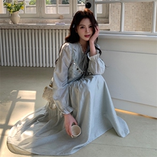 蓝色清新减龄连衣裙女2025春季新款高腰显瘦少女感吊带，女装连衣裙，2C220