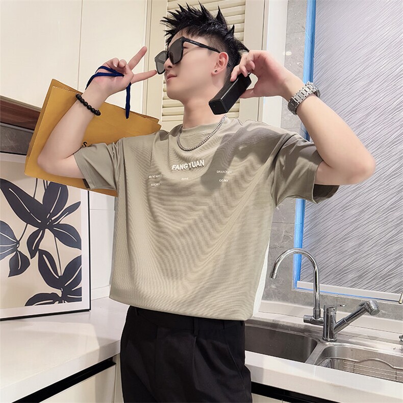 AT591/P48控68夏季社会小伙简单舒适百搭字母拼接撞色T恤男浅灰首,男装T恤,星座305B-1