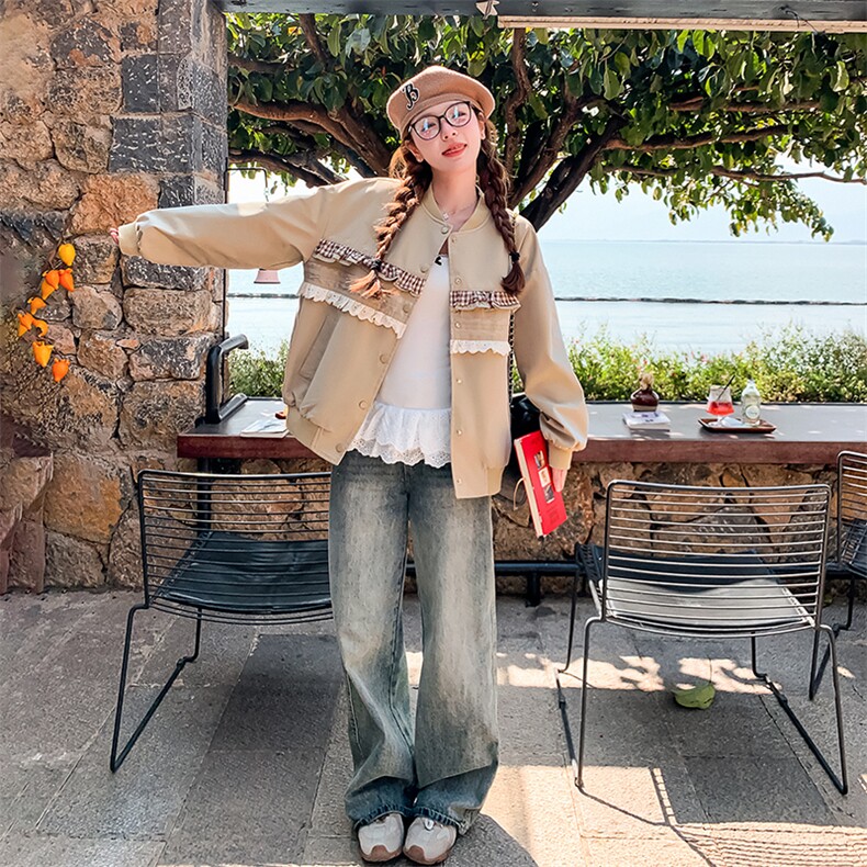 米咖色蕾丝花边棒球服短外套女2025春秋季新款小香风显瘦夹克上衣,女装短外套,浙宝A馆126