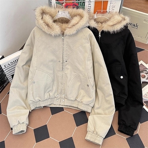 现货高品质美式高街冬季重磅硬挺短款座山雕毛领棉衣男女加厚外套图片