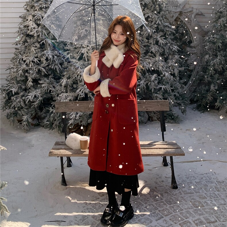 2025冬季新款配围脖内胆拼环保毛圣诞新年氛围感红色毛呢大衣外套，女装毛呢外套，乐吉娜