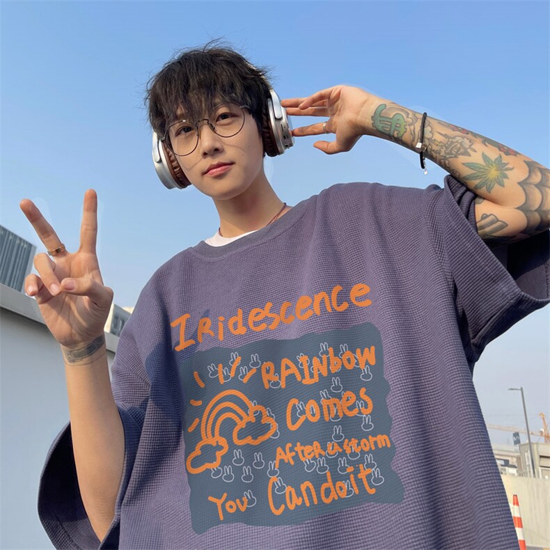 ！2025夏季新款男士复古印花华夫格短袖T恤半袖TXH2403特P19图片