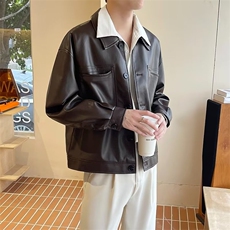 复古宽松短款PU皮衣外套男痞帅上衣春秋季韩版翻领机车AP15-P60，男装皮衣，星座1109-3