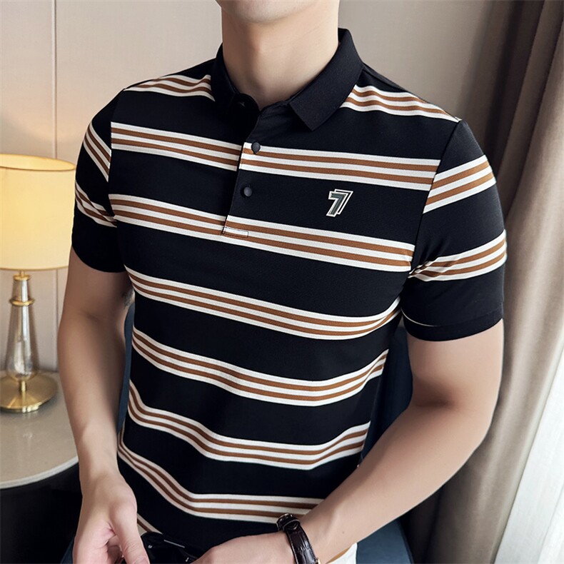 2026夏季新款高端条纹轻奢翻领短袖T恤上衣Polo衫-T0273-P65,男装T恤,电商D342